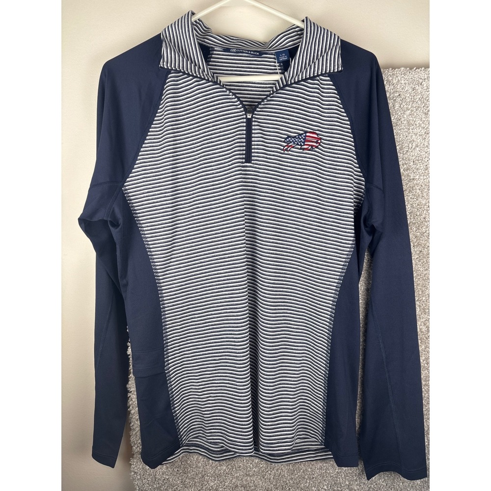 Cutter & Buck Buffalo Bills NFL Womens Navy Striped Quarter Zip Pullover Large
